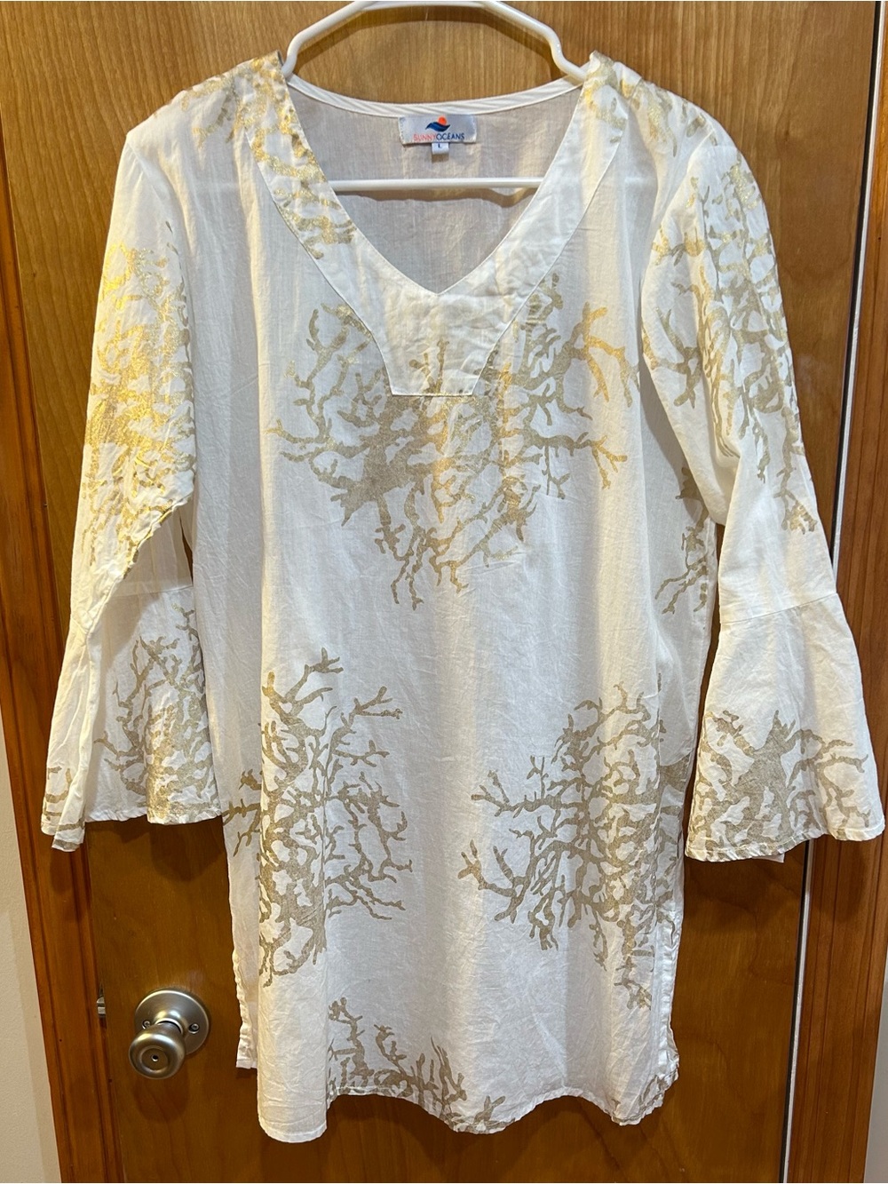 Sunny Oceans Women’s Size Large Cotton Tunic Beach Cover-Up White & Gold Coral